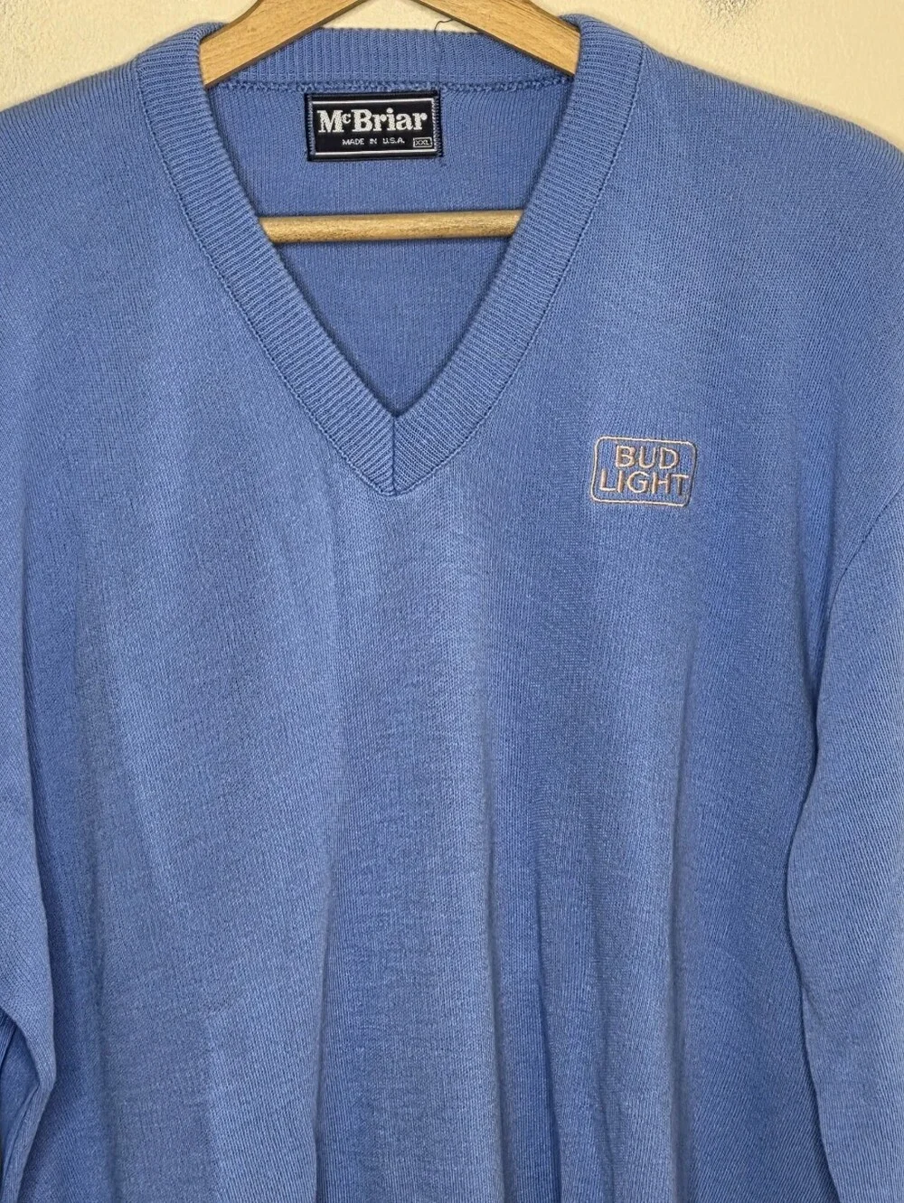 Vintage NEW McBriar Bud Light Cornflower Blue V-neck Pullover Sweater Size XXL